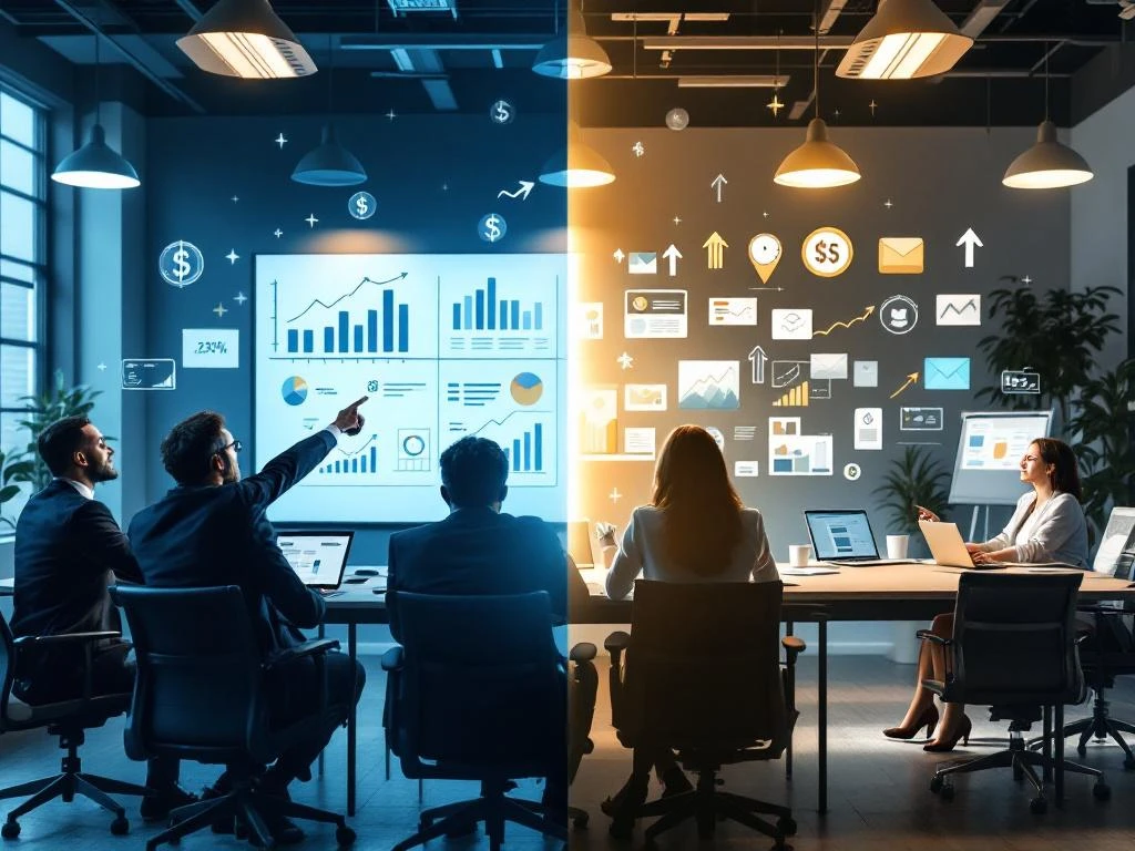 Vergelijking tussen traditioneel marketingbureau met pak-dragende executives en grafieken versus freelancer die samenwerkt met klant