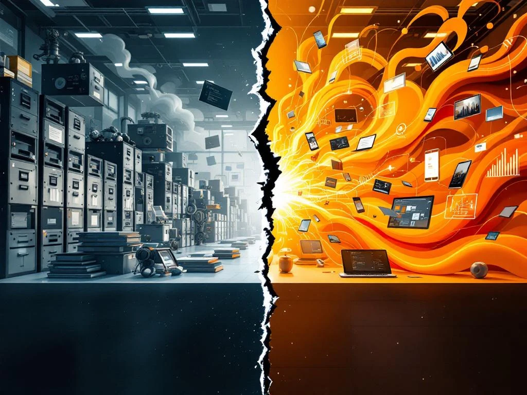 Gesplitste compositie toont starre kantooromgeving met grijze archiefkasten tegenover flexibele werkruimte met oranje elementen