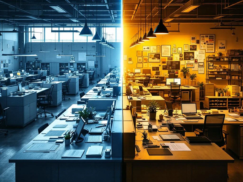 Vergelijking tussen steriele kantooromgeving met grijze werkplekken en warme, gepersonaliseerde freelance werkruimte