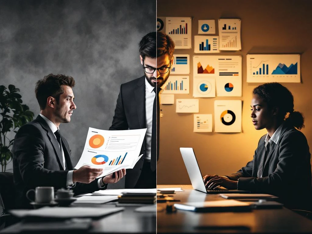 Verward zakenman met generieke marketing versus zelfverzekerde freelancer met gerichte strategieën in split-screen kantoor