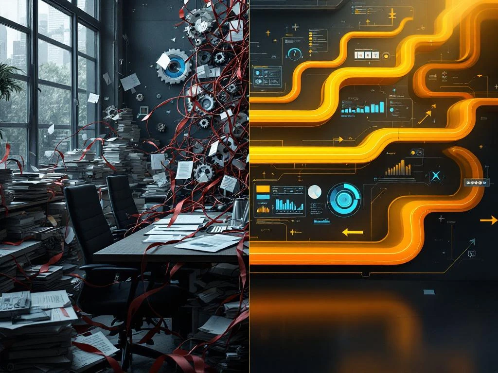 Gesplitst scherm toont rommelige bedrijfsruimte met bureaucratie links versus moderne, gestroomlijnde werkplek rechts