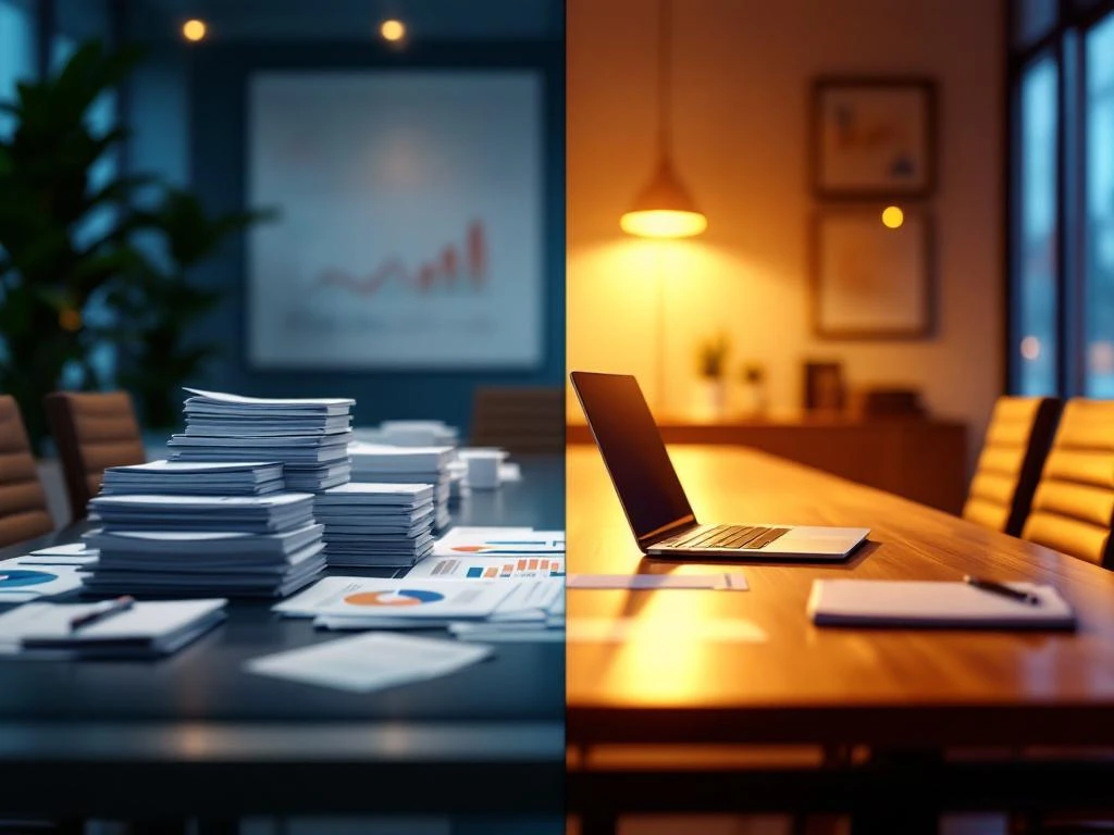 Gesplitste weergave van traditioneel marketingbureau met stapels documenten versus minimalistische werkplek met laptop