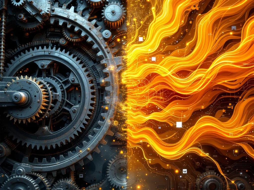 Verroeste tandwielen en kettingen contrasteren met vloeiende oranje energiestroom in split-screen vergelijking