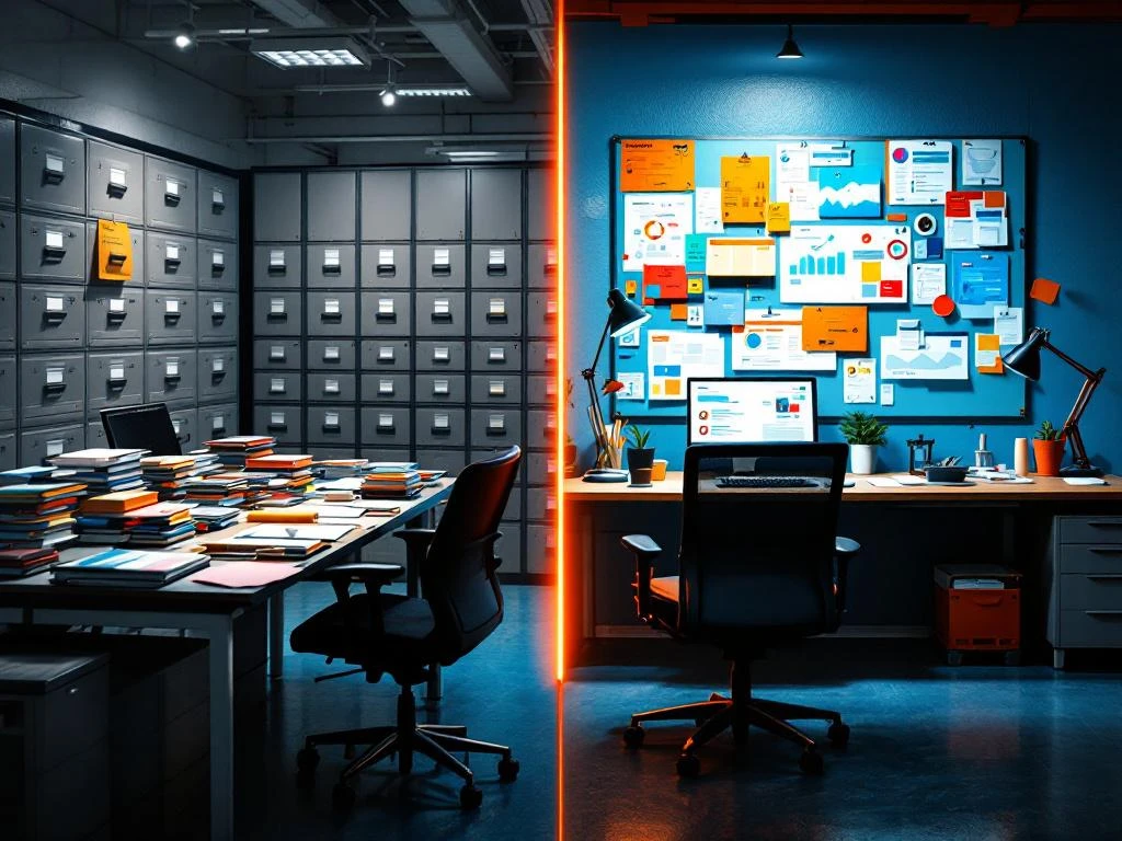 Gesplitst scherm toont contrast tussen generieke grijze kantoorruimte en levendige gepersonaliseerde werkplek met oranje-blauwe kleuren