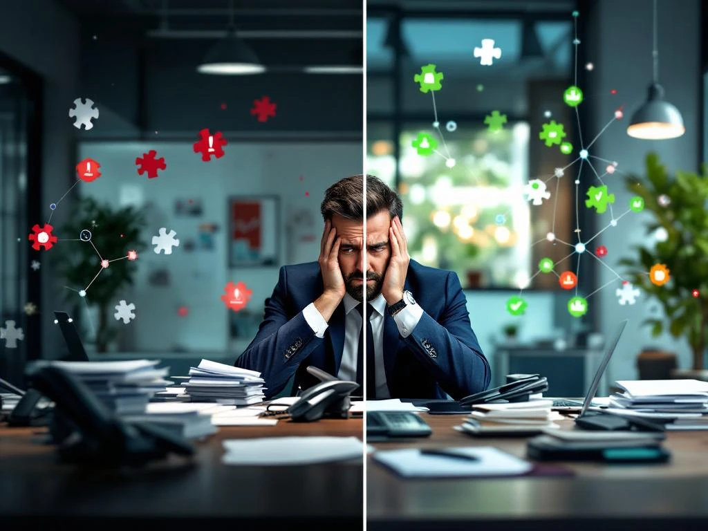 Gefrustreerde zakenman omringd door papierwerk versus moderne werkplek met analytics dashboard en heldere communicatie
