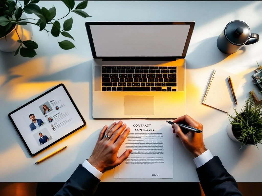 Zakenman ondertekent freelance contract op modern bureau met laptop, tablet en georganiseerde documenten in professionele werkruimte