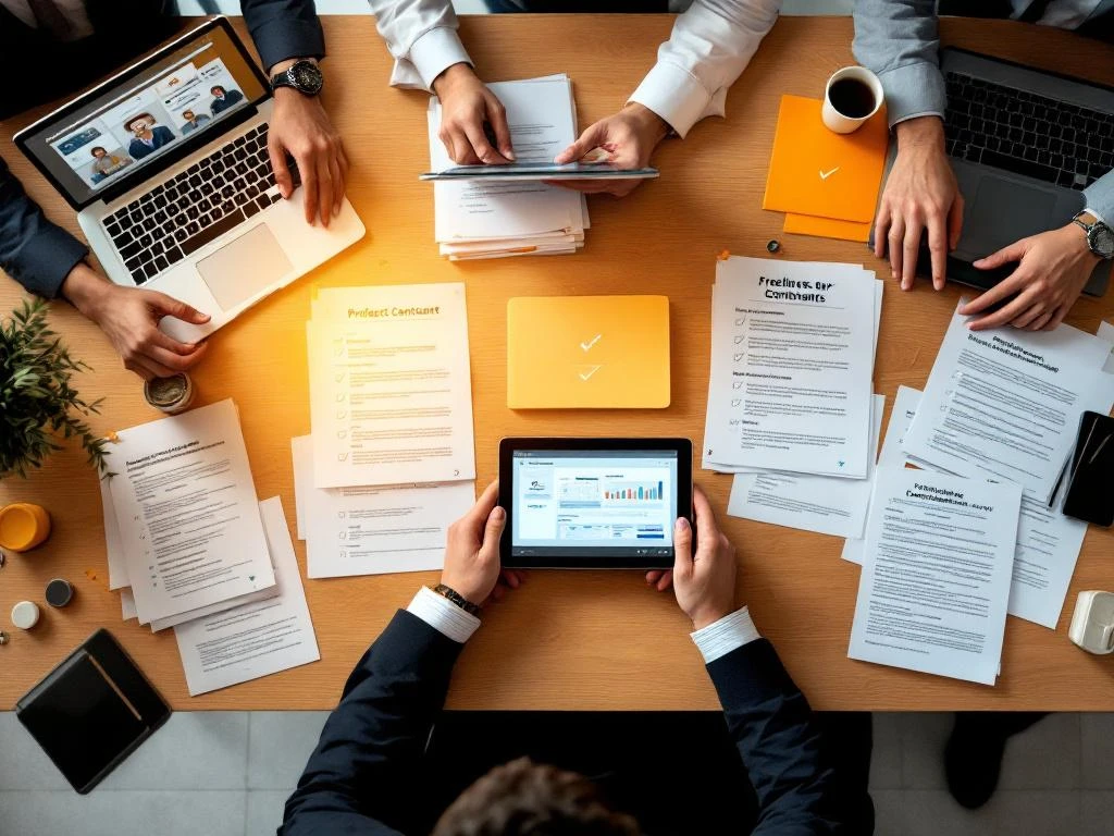 Professionele handen bekijken freelancer portfolio's en contracten op modern bureau met laptops en documenten