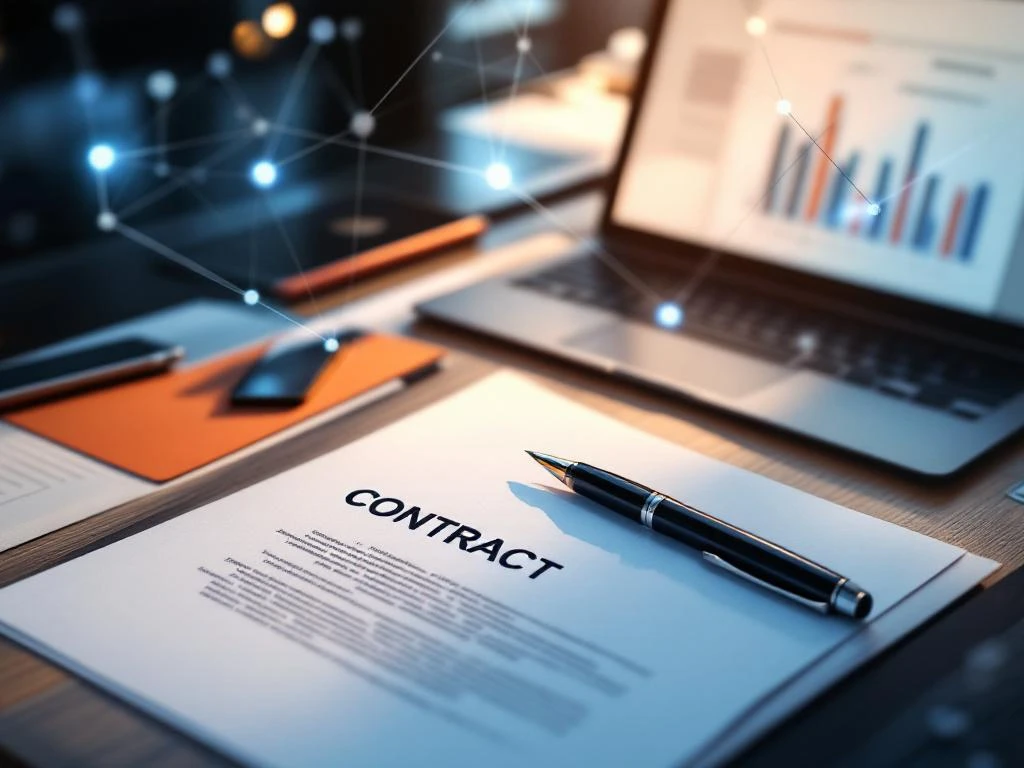 Moderne bureauopstelling met laptop die digitaal contract toont, omringd door juridische documenten en getekende overeenkomst