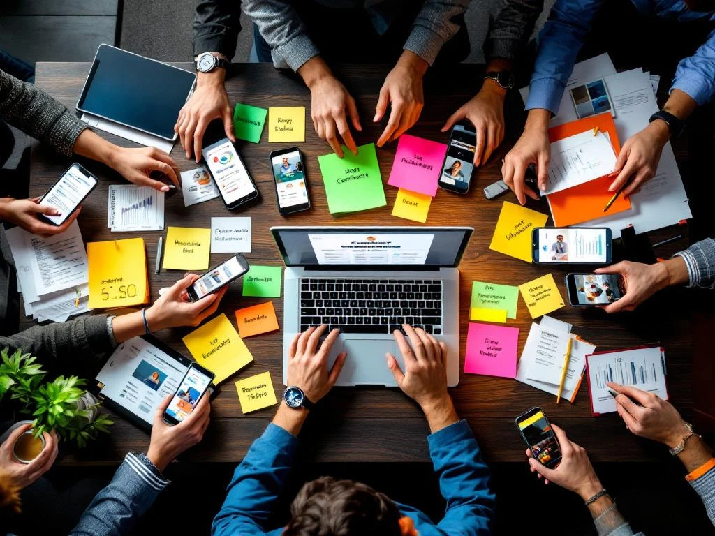 Bovenaanzicht modern bureau met laptop met digitaal contract, smartphones met freelancerprofielen en handen met werktools