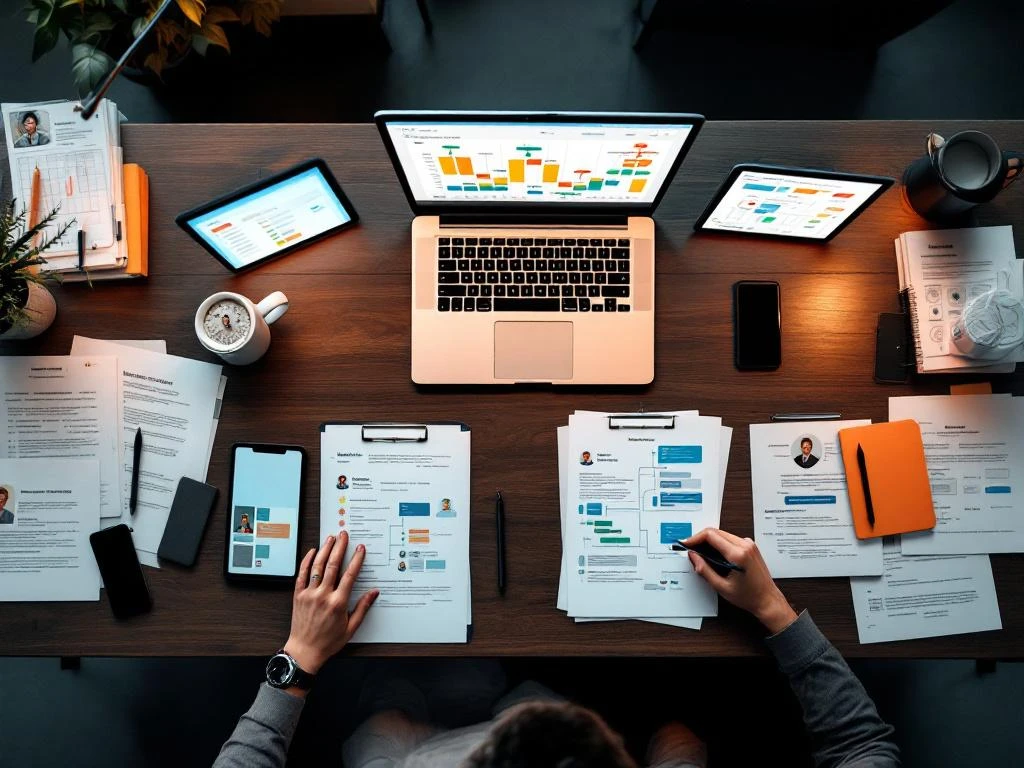 Bovenaanzicht van moderne bureaudesktop met projectborden, tablets, contracten en laptop voor freelance projectbeheer