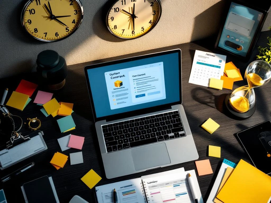 Laptop met digitaal contract op professioneel bureau met klok, zandloper en kleurrijke notities voor deadlinebeheer
