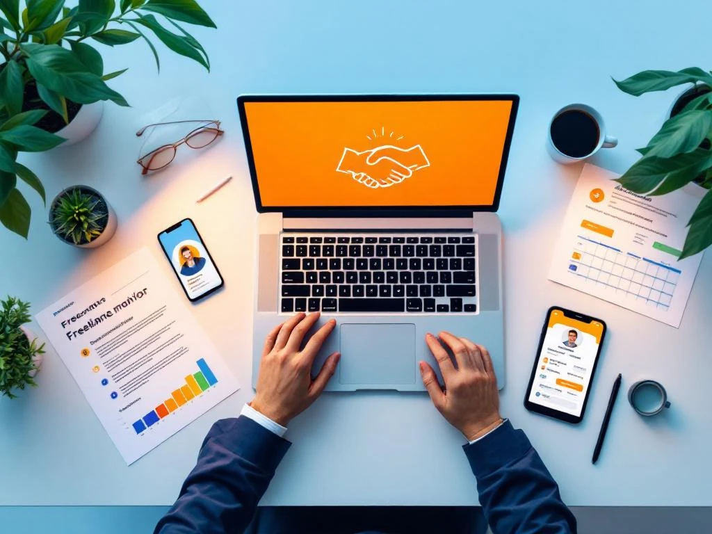 Modern bureau met laptop met handdruk-icoon, smartphone met freelancer profiel en tablet met projecttijdlijnen op wit bureau