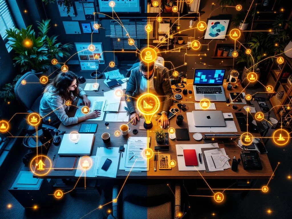 Professionele werkruimtes: interne teams en freelancers verbonden door digitale bruggen en kwaliteitscontrole symbolen