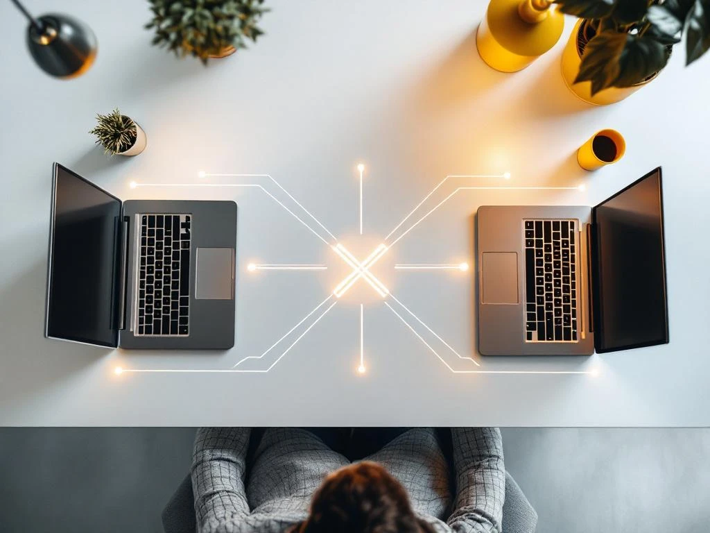 Bovenaanzicht van modern bureau met twee laptops verbonden door gloeiende digitale lijnen, gele accenten, minimalistische werkruimte