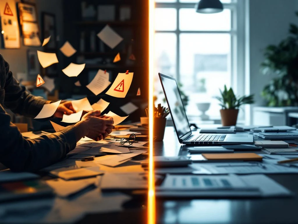 Gesplitst scherm toont chaotische versus georganiseerde freelance werving: rommelige bureau links, moderne werkplek rechts