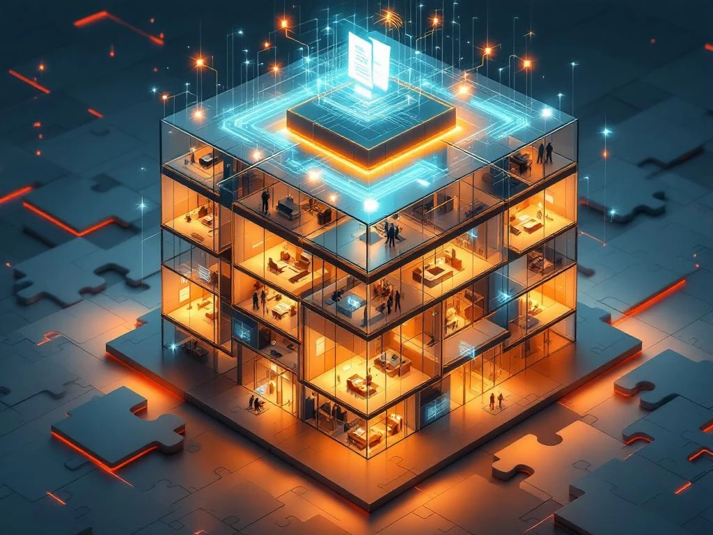 Moderne glazen kantoorgebouw met zeven verlichte projectruimtes verbonden door digitale netwerken en holografische contracten