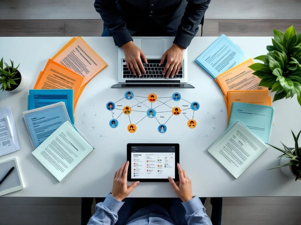 Bovenaanzicht van moderne werkplek met georganiseerde projectmappen, laptop met netwerkdiagram en tablet voor freelance management