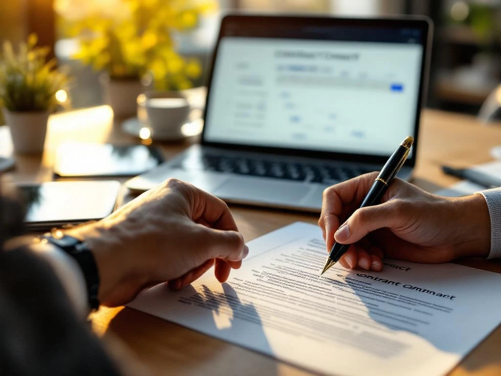 Handen tekenen professioneel contract op houten bureau met laptop, pen en koffie in warme verlichting