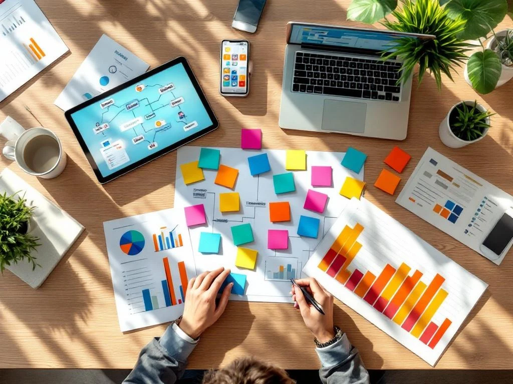 Moderne kantoorbureau met tablet, laptop, documenten en smartphone voor strategisch projectmanagement en freelancer integratie