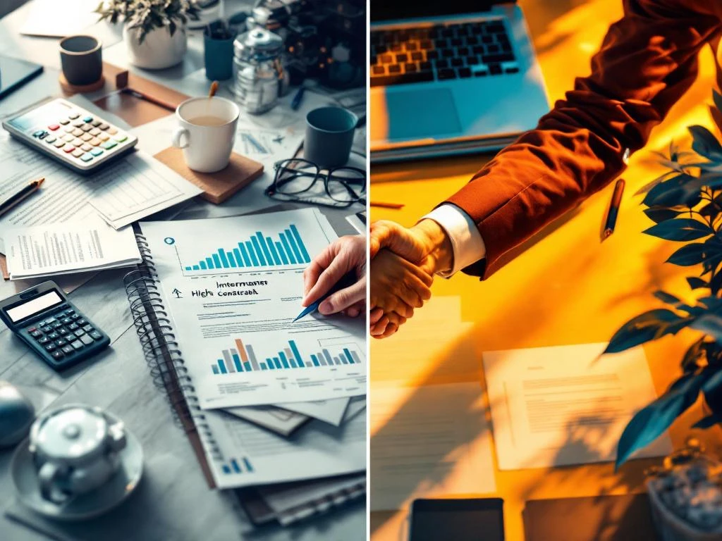 Zakelijke handdruk tussen professional en freelancer op schone werkplek versus rommelig bureau met contracten
