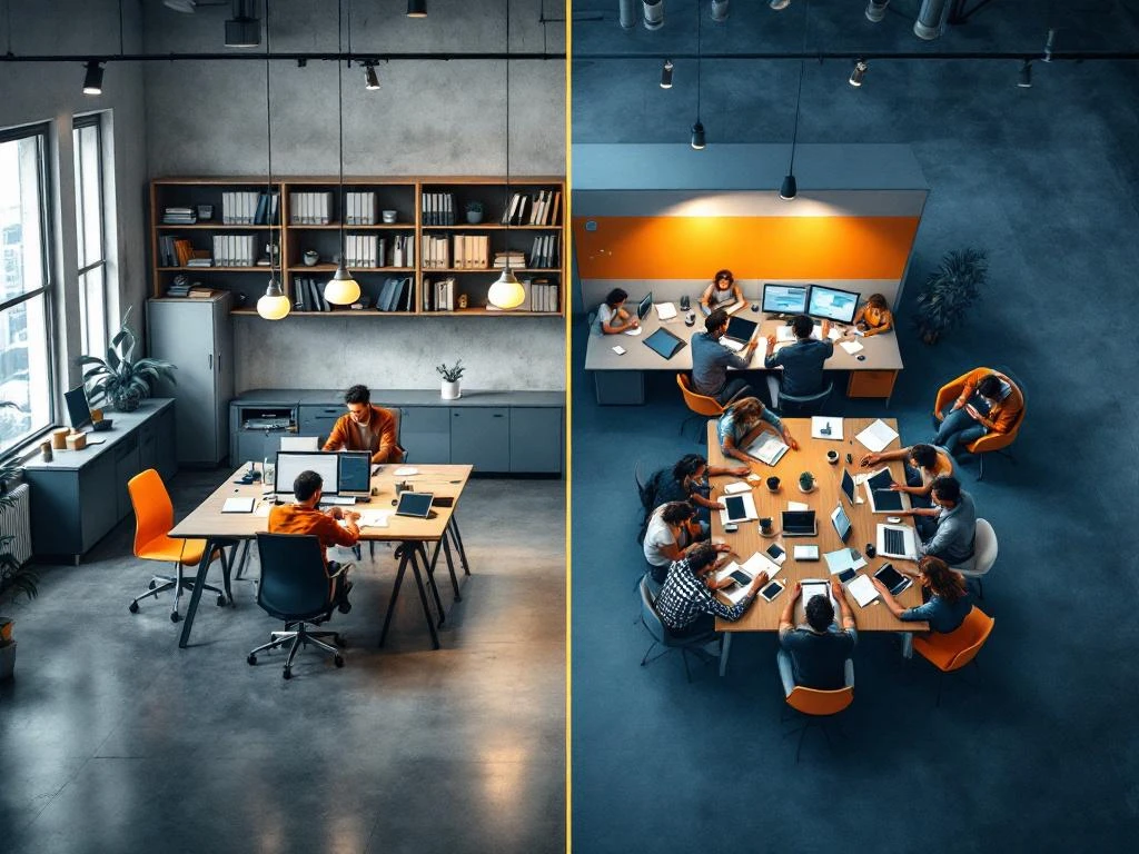 Gesplitst kantoorbeeld: traditionele grijze werkplekken links, diverse handen samenwerkend met laptops rechts, verbonden door brug
