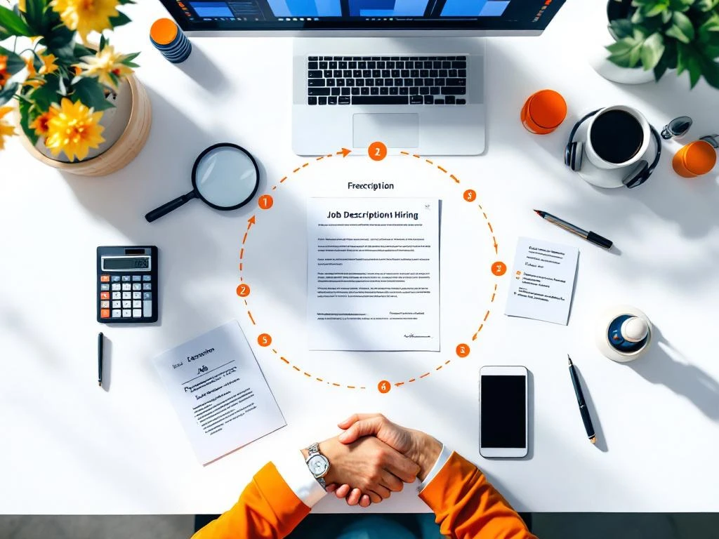 Bovenaanzicht van moderne bureauopstelling met zeven items die het freelancer wervingsproces illustreren in oranje-blauw kleurenschema