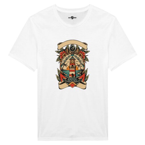 T-shirt Uomo Tattoo Old School con Faro e Mare - Klothero