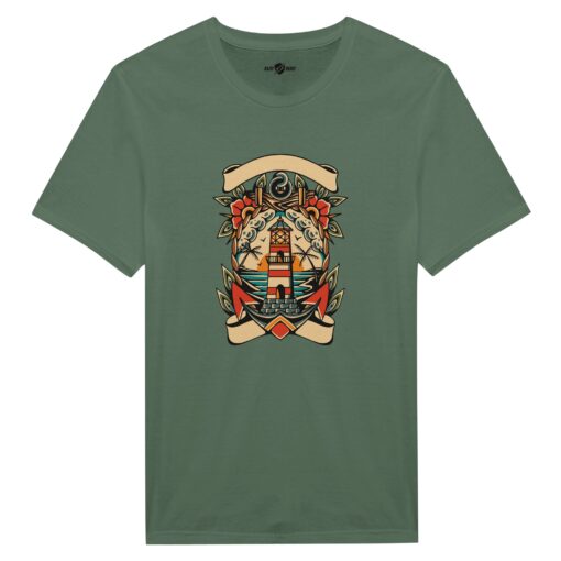T-shirt Uomo Tattoo Old School con Faro e Mare - Klothero