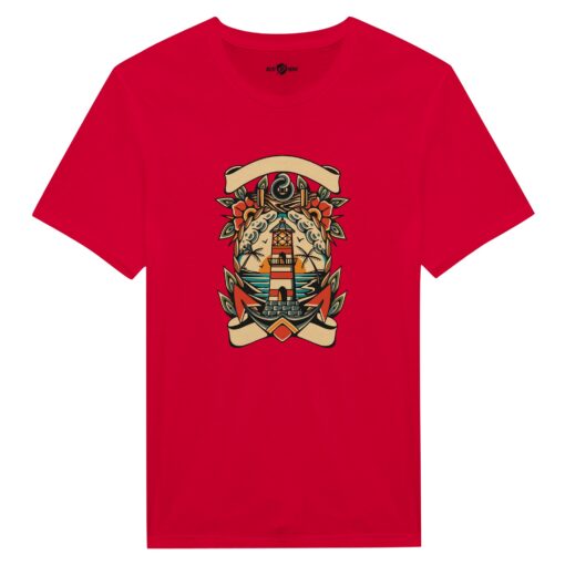 T-shirt Uomo Tattoo Old School con Faro e Mare - Klothero