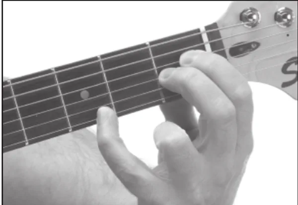A♭m(maj7) chord — a hand playing it on the guitar fretboard
