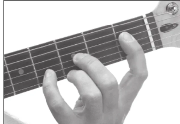 E♭ chord — a hand playing it on the guitar fretboard