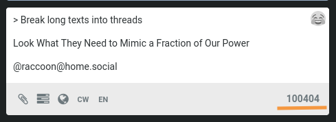 mastodon post editor with limit of 100500 char instead of default 500