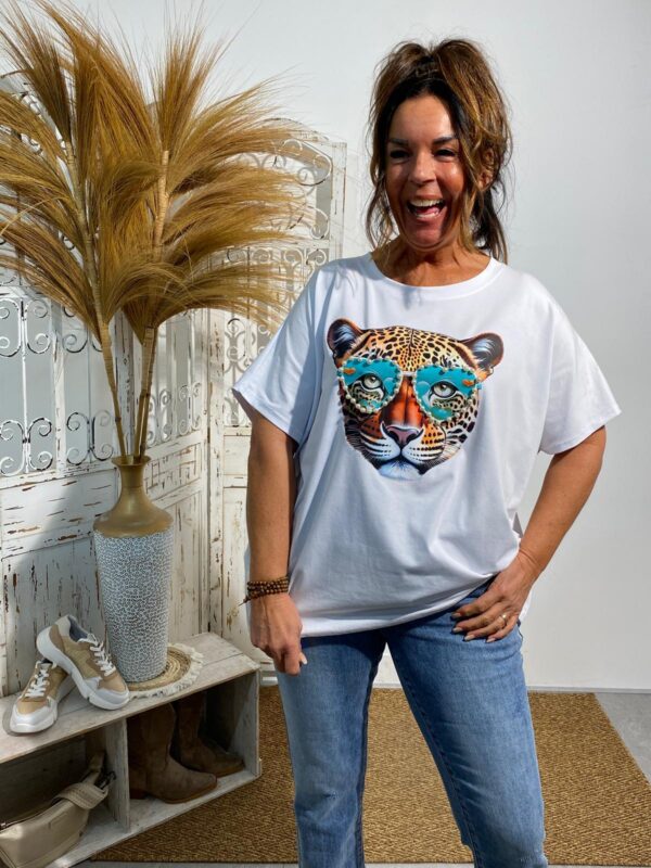 T-Shirt Wit/Turquoise Panter/Parels - Afbeelding 2