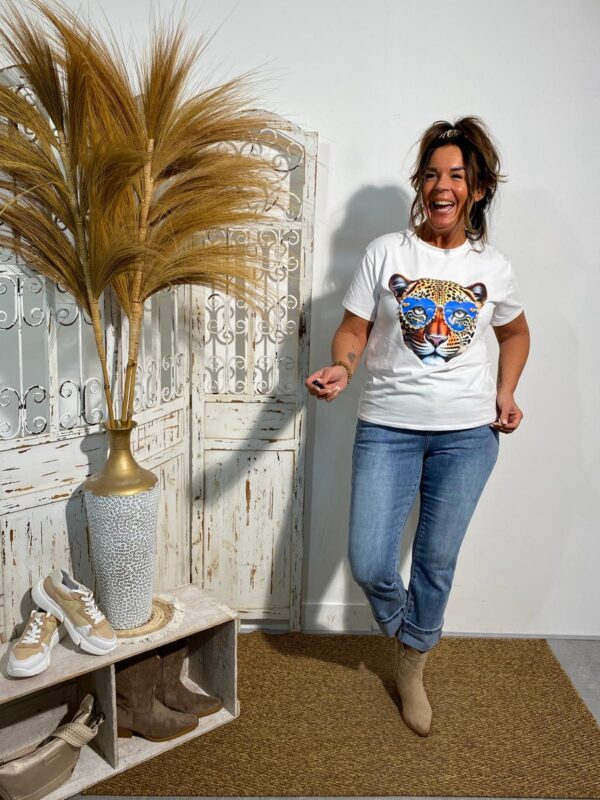 T-Shirt Wit/Blauw Panter/Parels