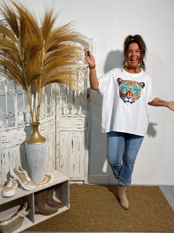 T-Shirt Wit/Turquoise Panter/Parels