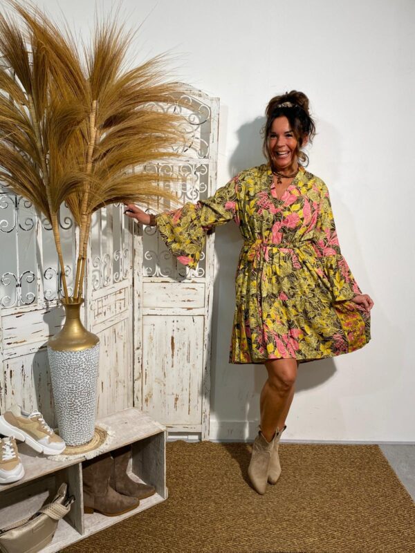 Sahib  Boho Floral Jurk Groen/Army/Fuchsia