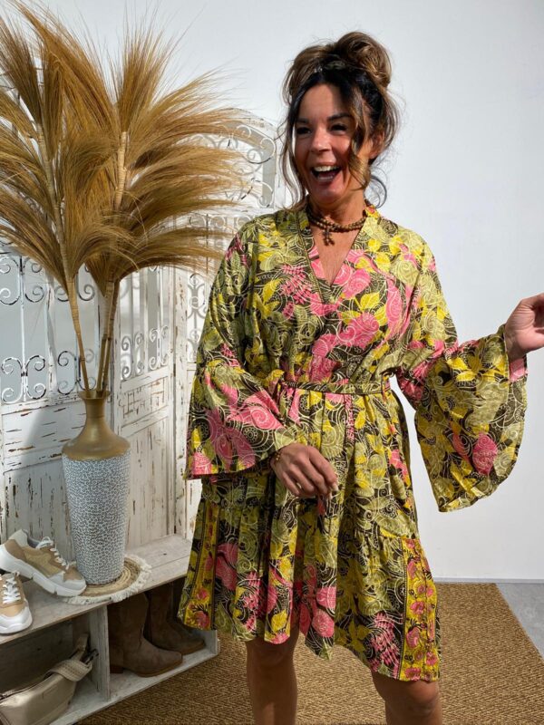 Sahib  Boho Floral Jurk Groen/Army/Fuchsia - Afbeelding 3