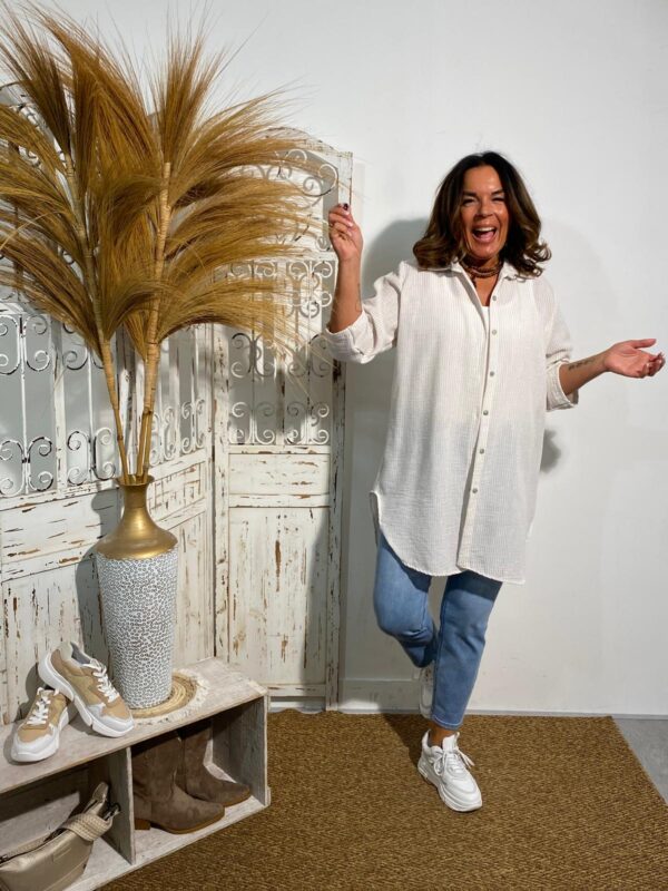 New Collection Wit/Beige Gestreepte Blouse Lang
