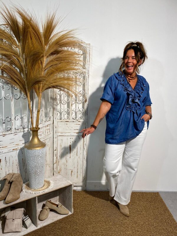 New Collection Dark Blue Jeans Tencel Top Volants