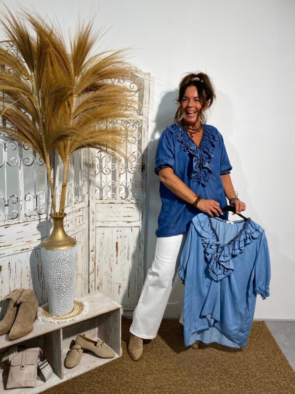 New Collection Dark Blue Jeans Tencel Top Volants - Afbeelding 5