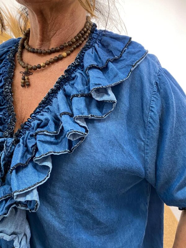 New Collection Dark Blue Jeans Tencel Top Volants - Afbeelding 4