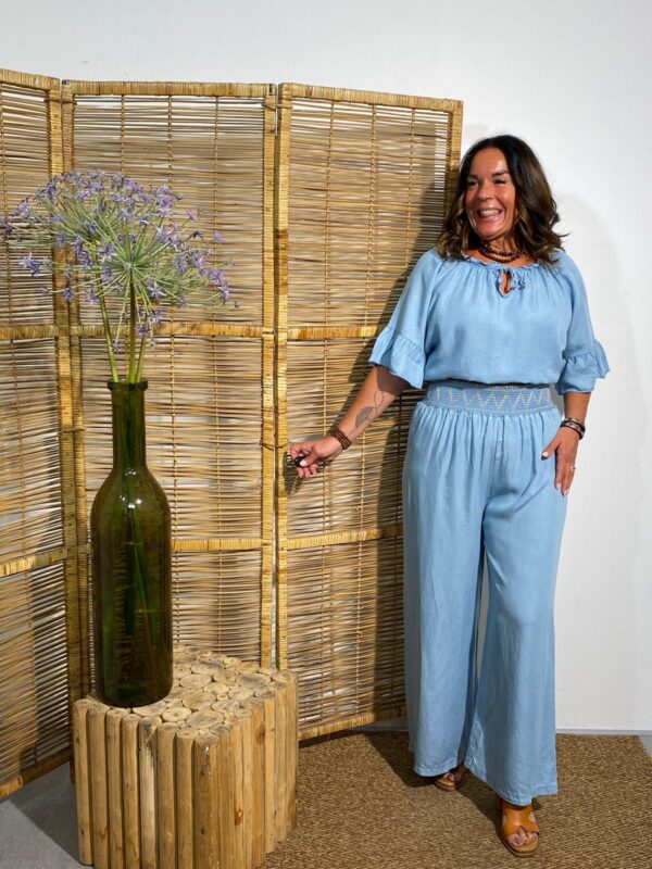 New Collection Lichtblauw/Borduur Pantalon Tencell