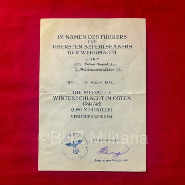 Ostmedaille 76 Ernst L. Müller + Document Feldzeugbataillon