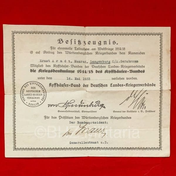 Kyffhäuserbund Kriegsdenkmünze 1914 – 1918 document