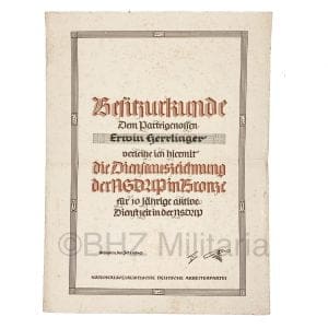 Besitzurkunde Dienstauszeichnung der NSDAP in Bronze
