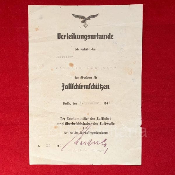 Certificaat Fallschirmschützen Gustav Kastner-Kirdorf