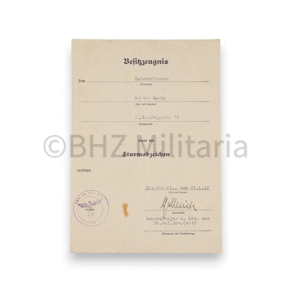 Besitzzeugnis Sturmabzeichen 1. Kompanie/ Panzerjäger-Abteilung 36