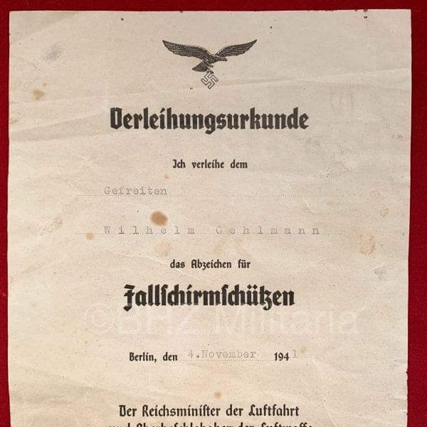 Certificaat Fallschirmschützen Gustav Kastner-Kirdorf
