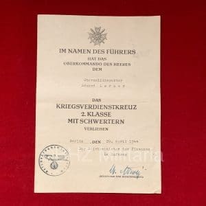 Verleningsdocument Kriegsverdienstkreuz 2. Klasse mit Schwertern