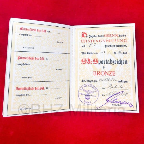 SA Sportabzeichen - Urkunde SA Sportabzeichen - SA Schießbuch